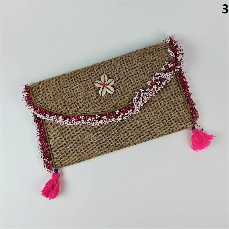 Jute coffee bean clutch bag with colorful accents