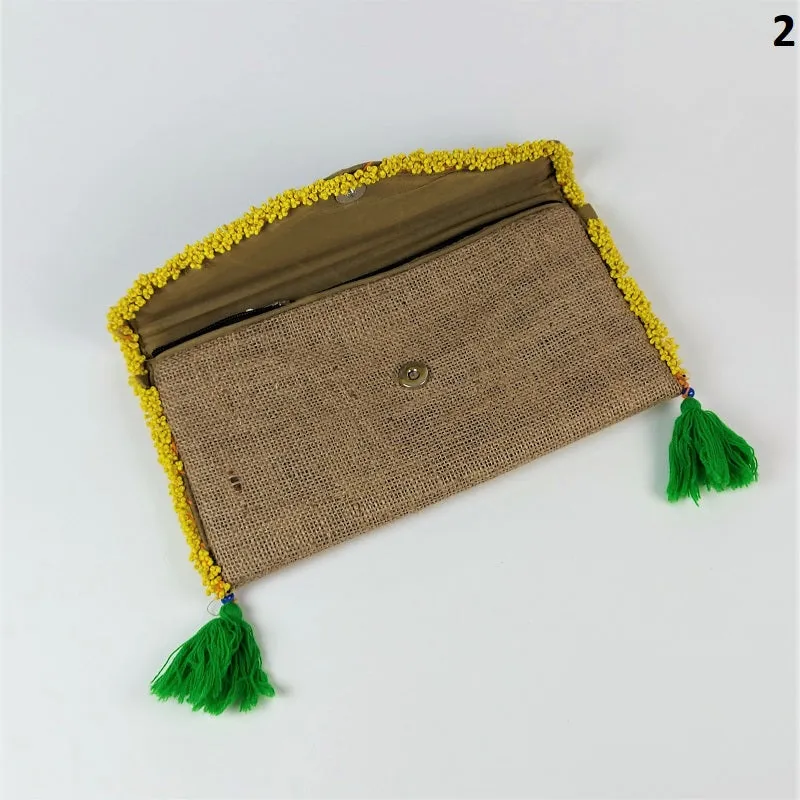 Jute coffee bean clutch bag with colorful accents