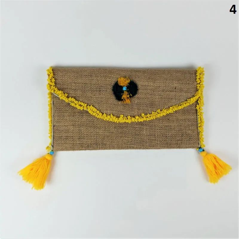 Jute coffee bean clutch bag with colorful accents