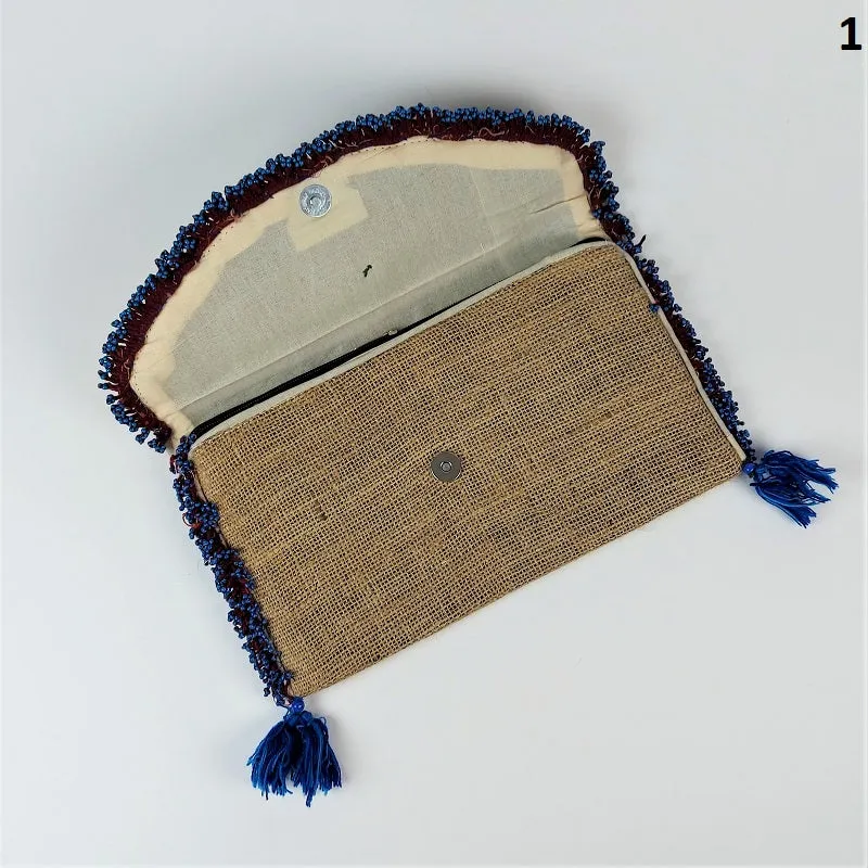 Jute coffee bean clutch bag with colorful accents