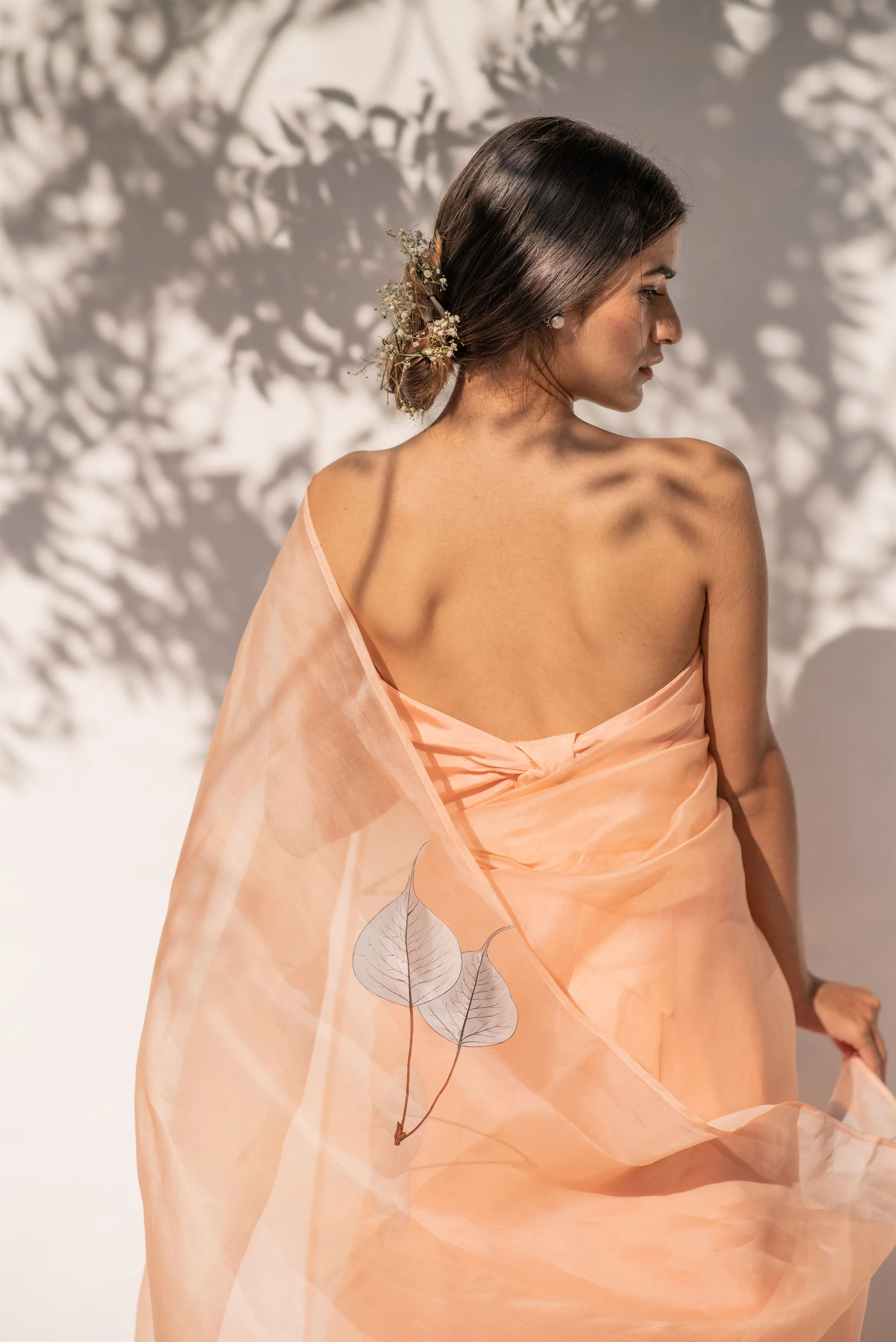 Kapardara - Feuilles Saree - Silk Organza - Handpainted - Peach