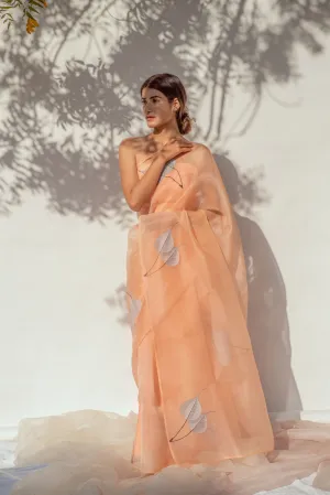 Kapardara - Feuilles Saree - Silk Organza - Handpainted - Peach