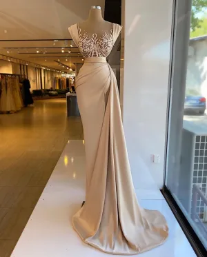 lace applique mermaid evening dresses long cap sleeve modest elegant champagne formal dress vestidos de fiesta