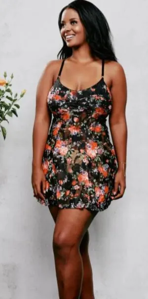 Lace Retro Chemise - Black Floral -