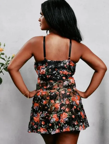Lace Retro Chemise - Black Floral -