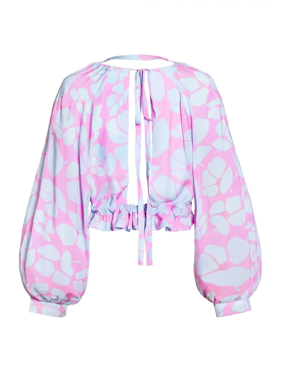 Lily Printed Bamboo Poplin Long Sleeve Crop Blouse - Orchid Poppy