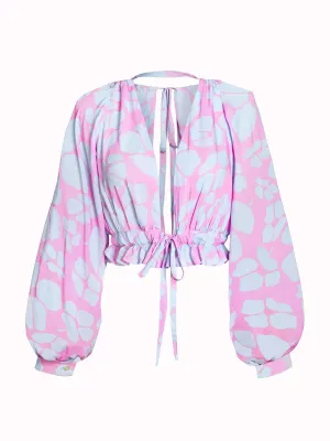 Lily Printed Bamboo Poplin Long Sleeve Crop Blouse - Orchid Poppy