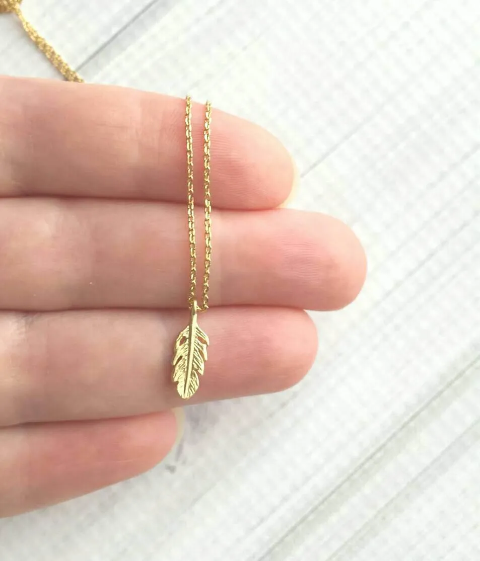 Little Feather Necklace - gold small pendant symbol charm - simple minimalist delicate fine chain - symbolic tiny bird plume - petite leaf