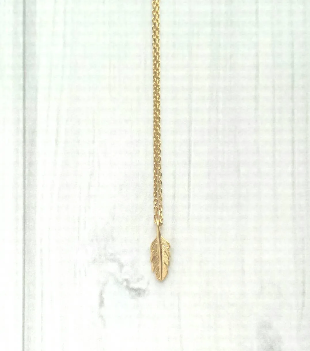 Little Feather Necklace - gold small pendant symbol charm - simple minimalist delicate fine chain - symbolic tiny bird plume - petite leaf