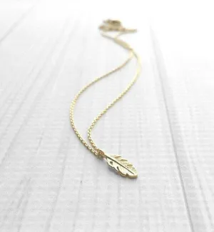 Little Feather Necklace - gold small pendant symbol charm - simple minimalist delicate fine chain - symbolic tiny bird plume - petite leaf