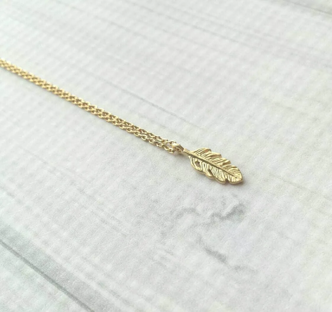 Little Feather Necklace - gold small pendant symbol charm - simple minimalist delicate fine chain - symbolic tiny bird plume - petite leaf