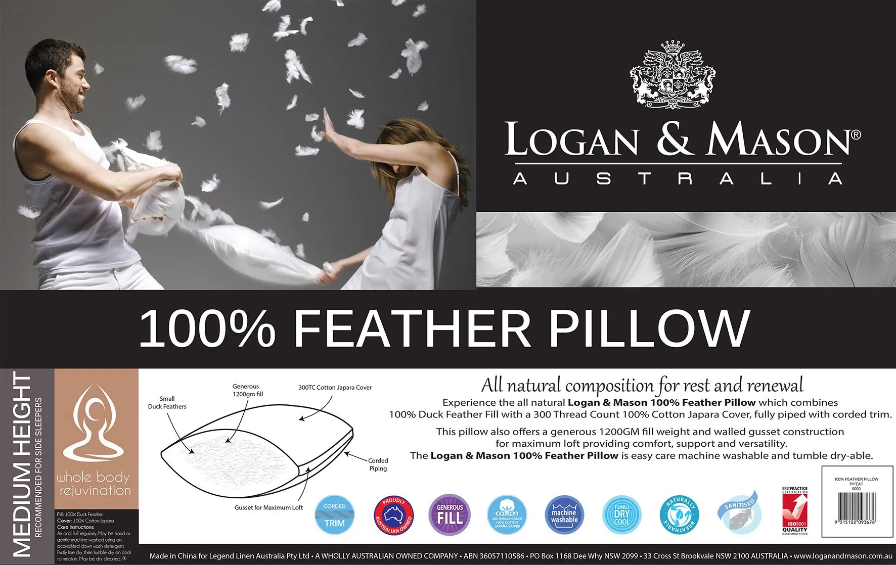 Logan & Mason 100% FEATHER Pillow STANDARD SIZE