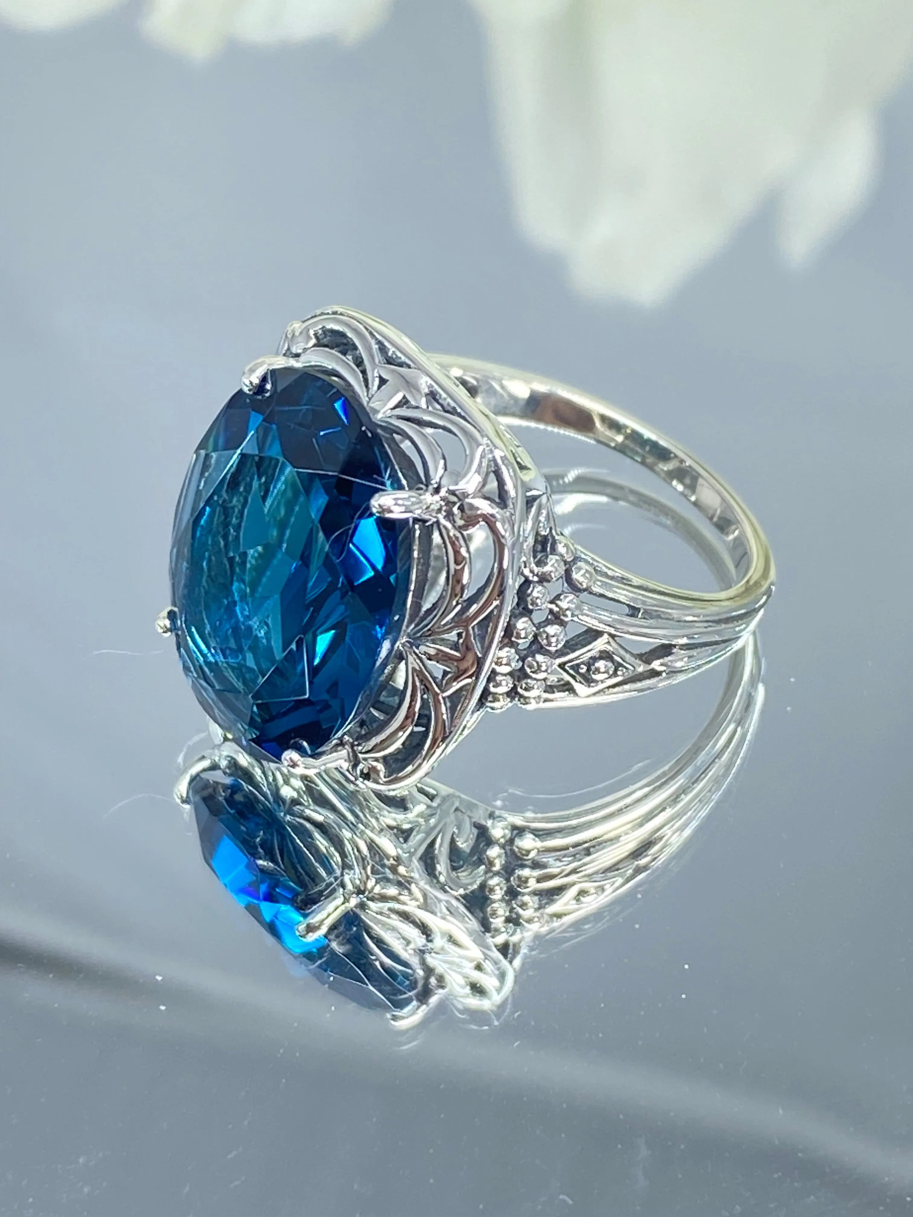 London Blue Topaz Ring, Oval Gemstone, Retro Swirl Filigree, Art Deco Vintage Jewelry, D119