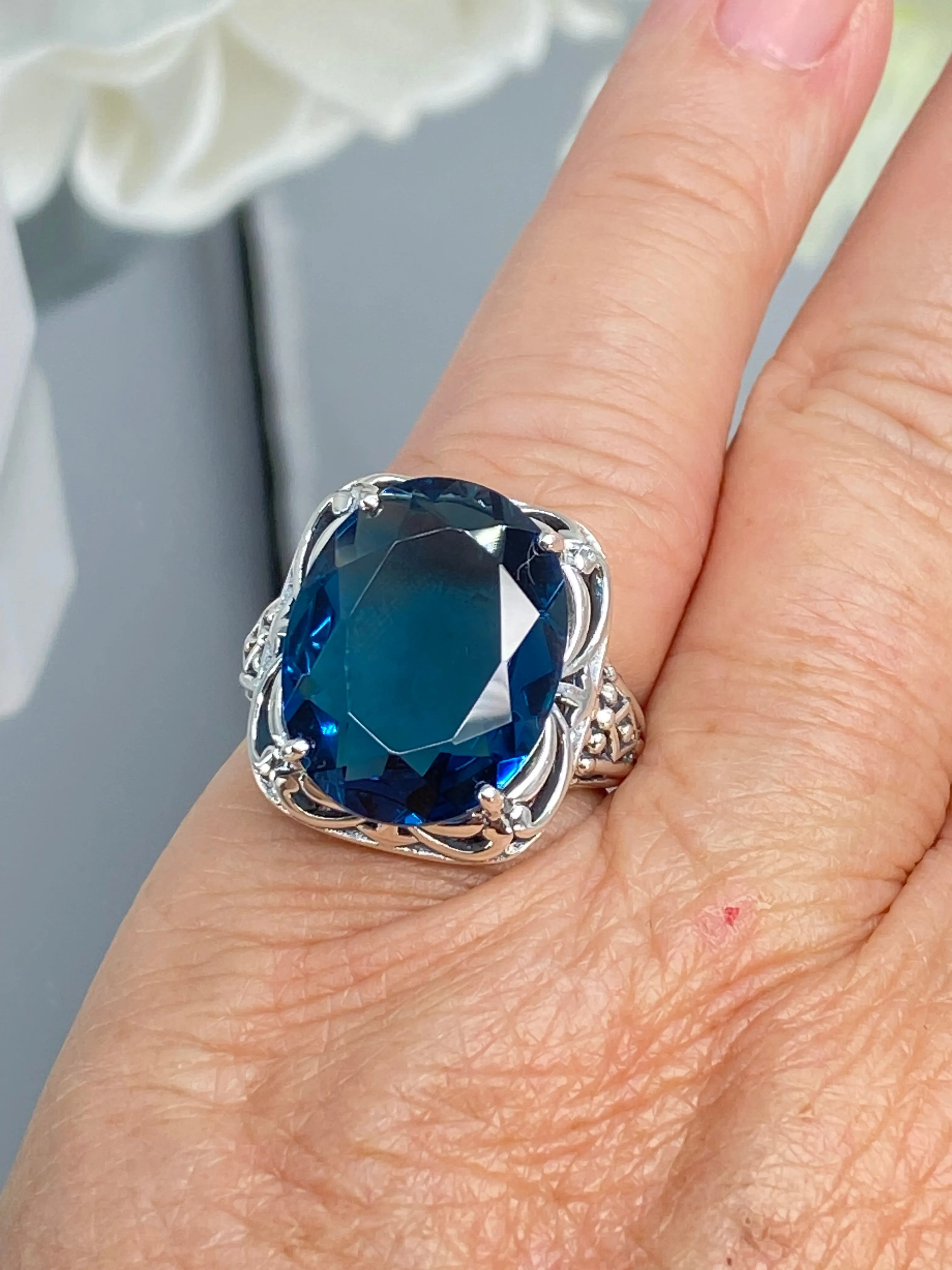 London Blue Topaz Ring, Oval Gemstone, Retro Swirl Filigree, Art Deco Vintage Jewelry, D119