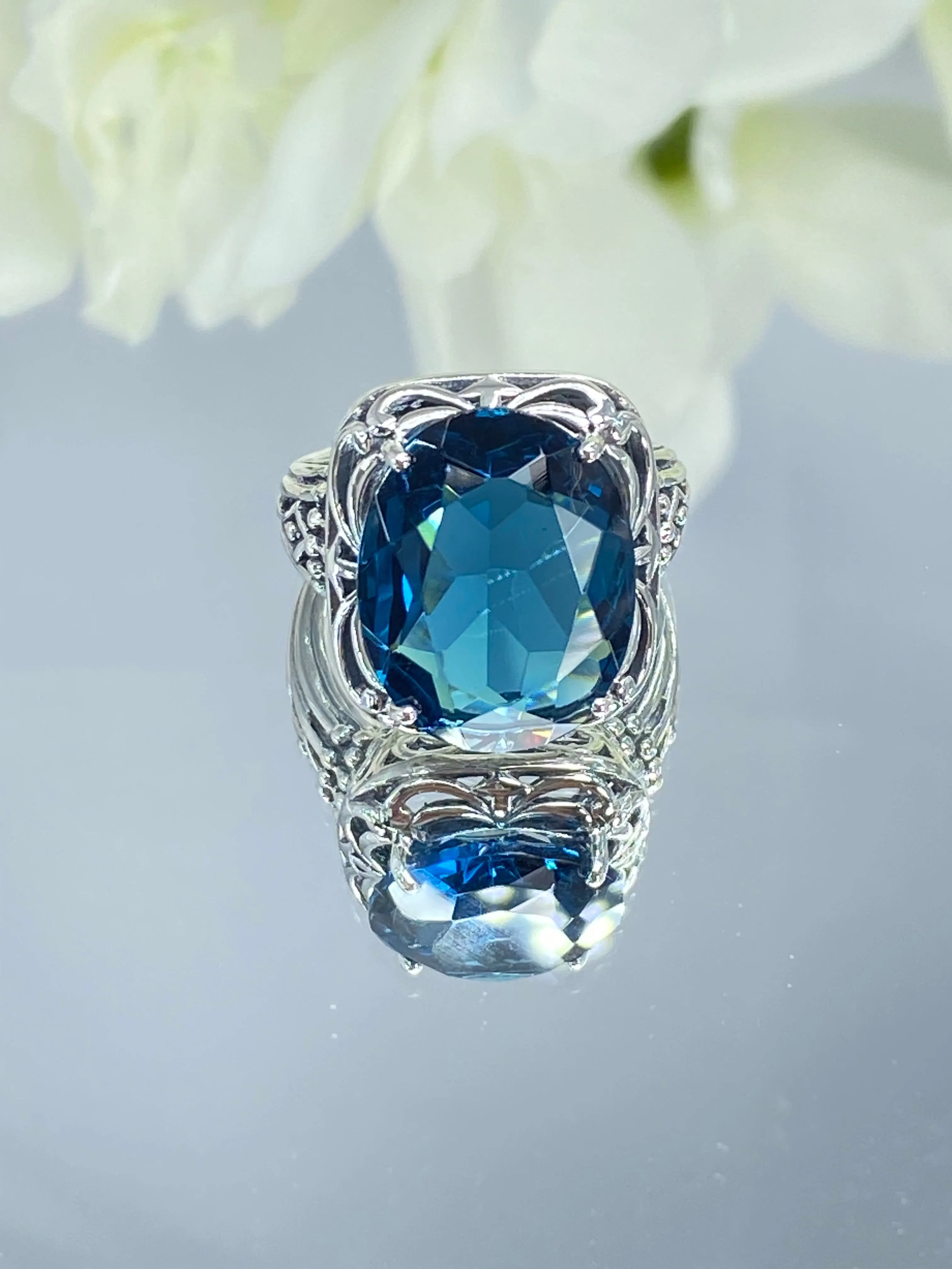 London Blue Topaz Ring, Oval Gemstone, Retro Swirl Filigree, Art Deco Vintage Jewelry, D119