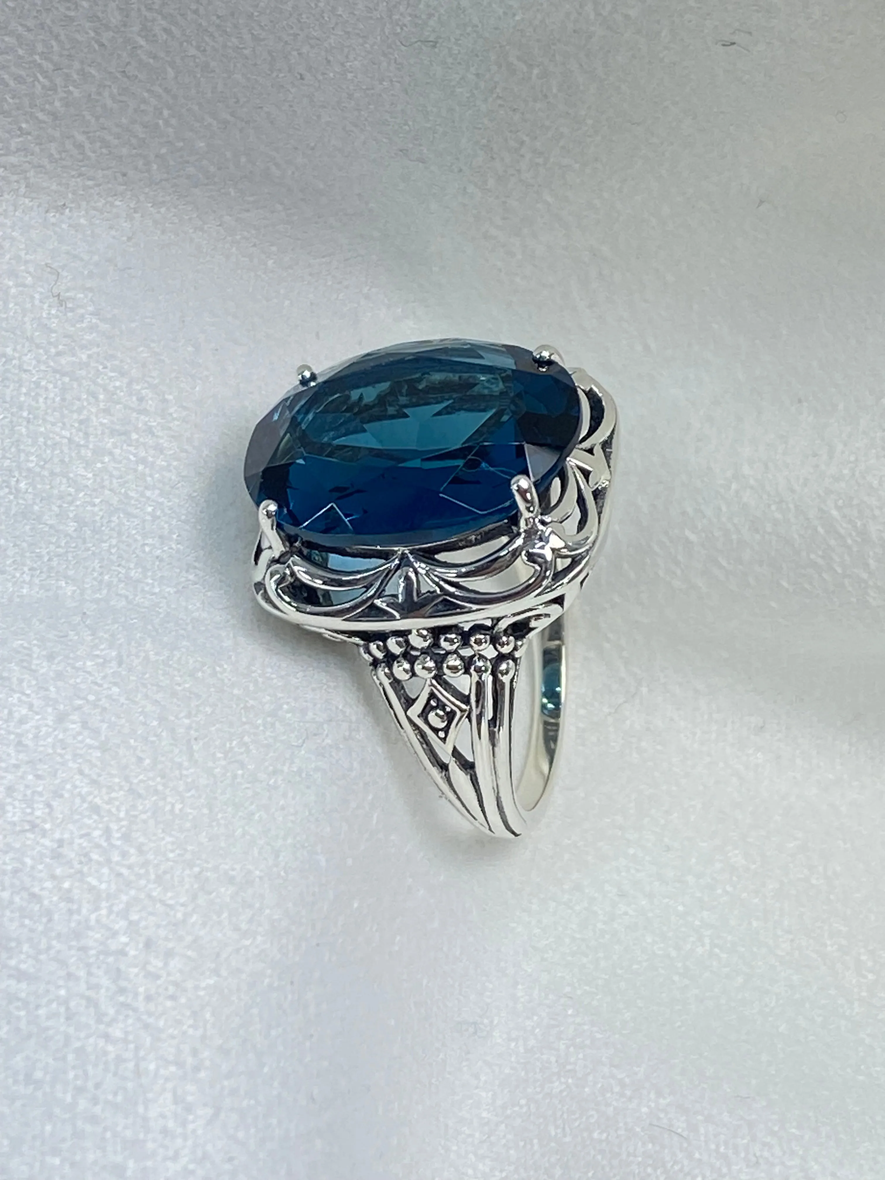 London Blue Topaz Ring, Oval Gemstone, Retro Swirl Filigree, Art Deco Vintage Jewelry, D119