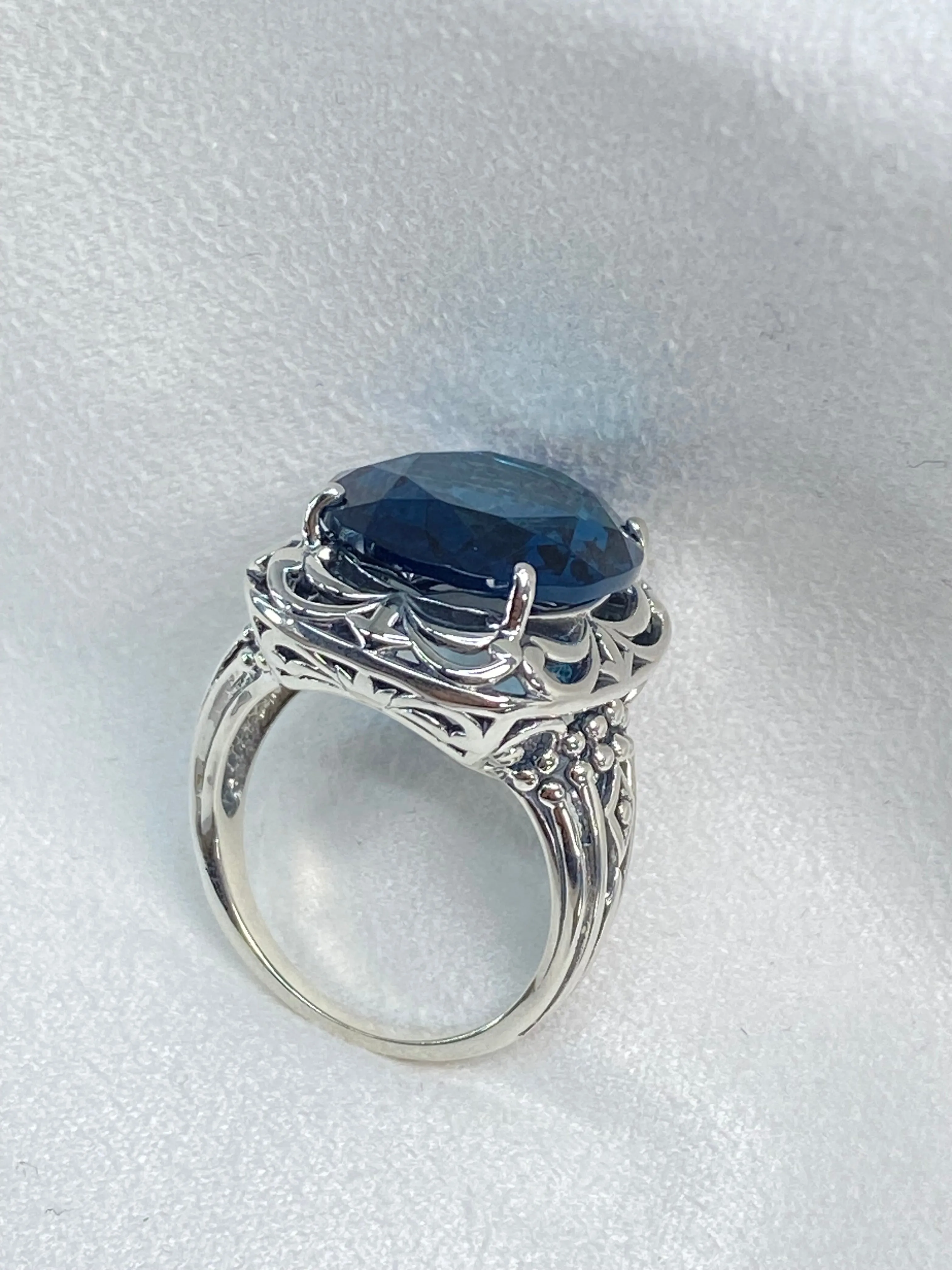 London Blue Topaz Ring, Oval Gemstone, Retro Swirl Filigree, Art Deco Vintage Jewelry, D119