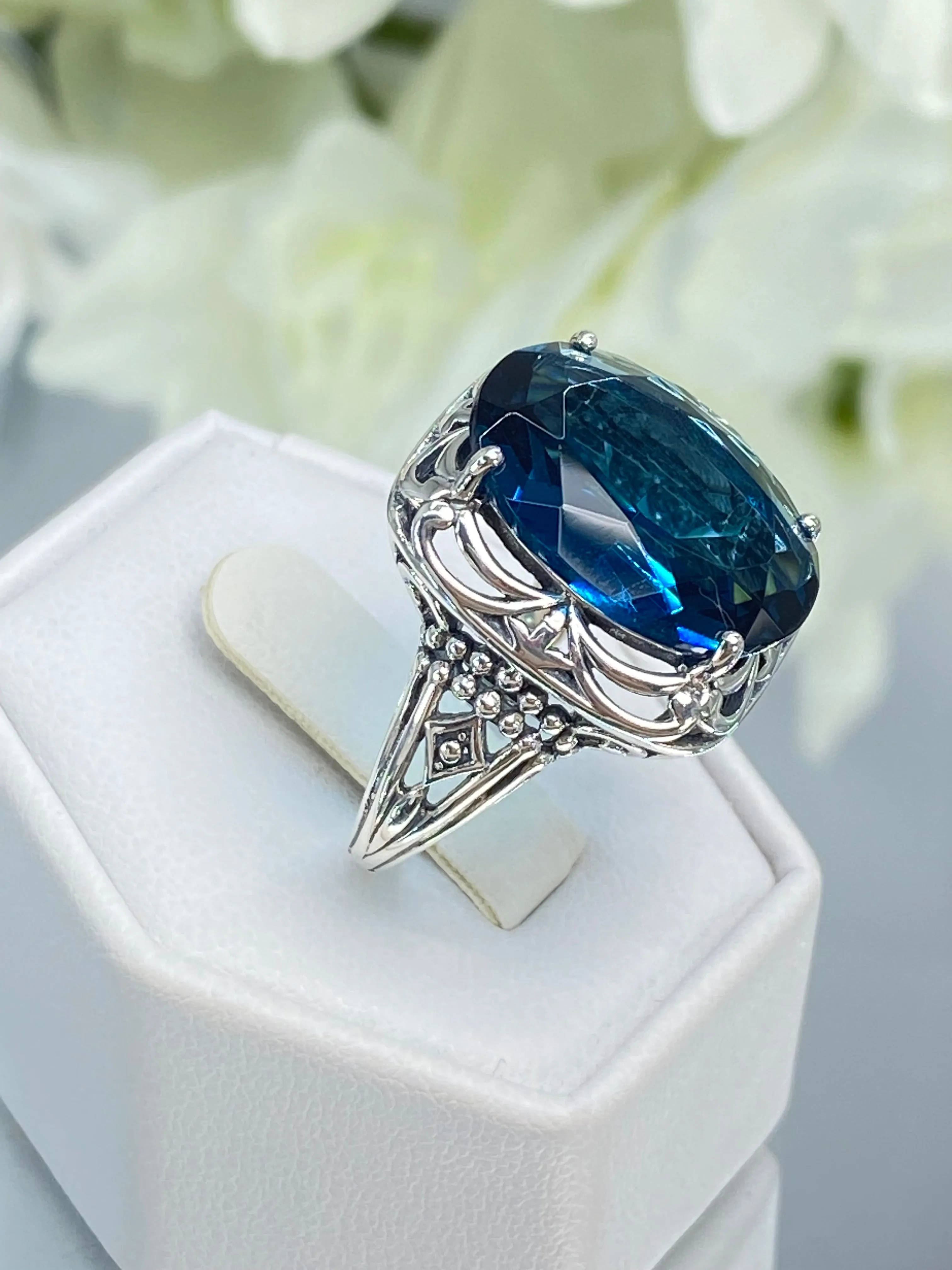 London Blue Topaz Ring, Oval Gemstone, Retro Swirl Filigree, Art Deco Vintage Jewelry, D119