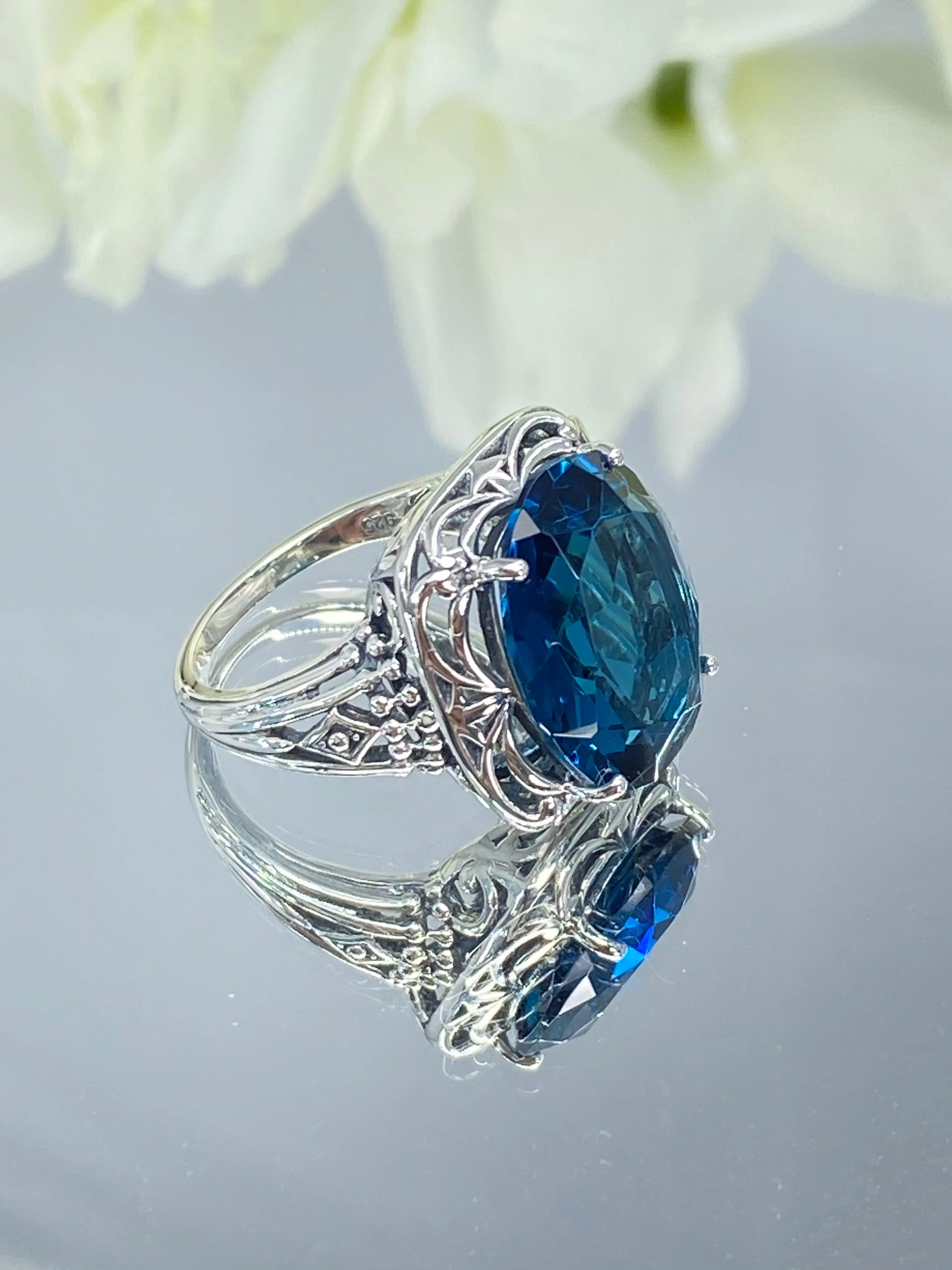 London Blue Topaz Ring, Oval Gemstone, Retro Swirl Filigree, Art Deco Vintage Jewelry, D119
