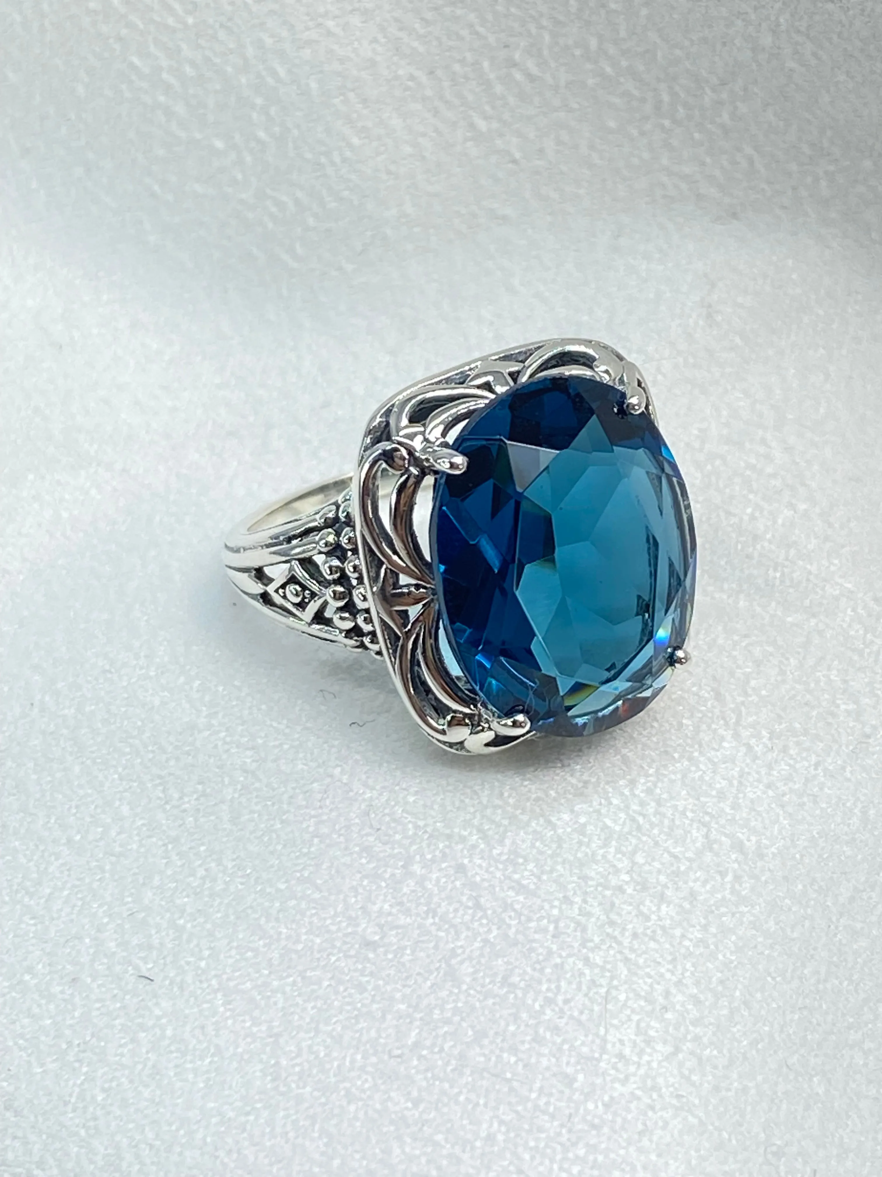 London Blue Topaz Ring, Oval Gemstone, Retro Swirl Filigree, Art Deco Vintage Jewelry, D119