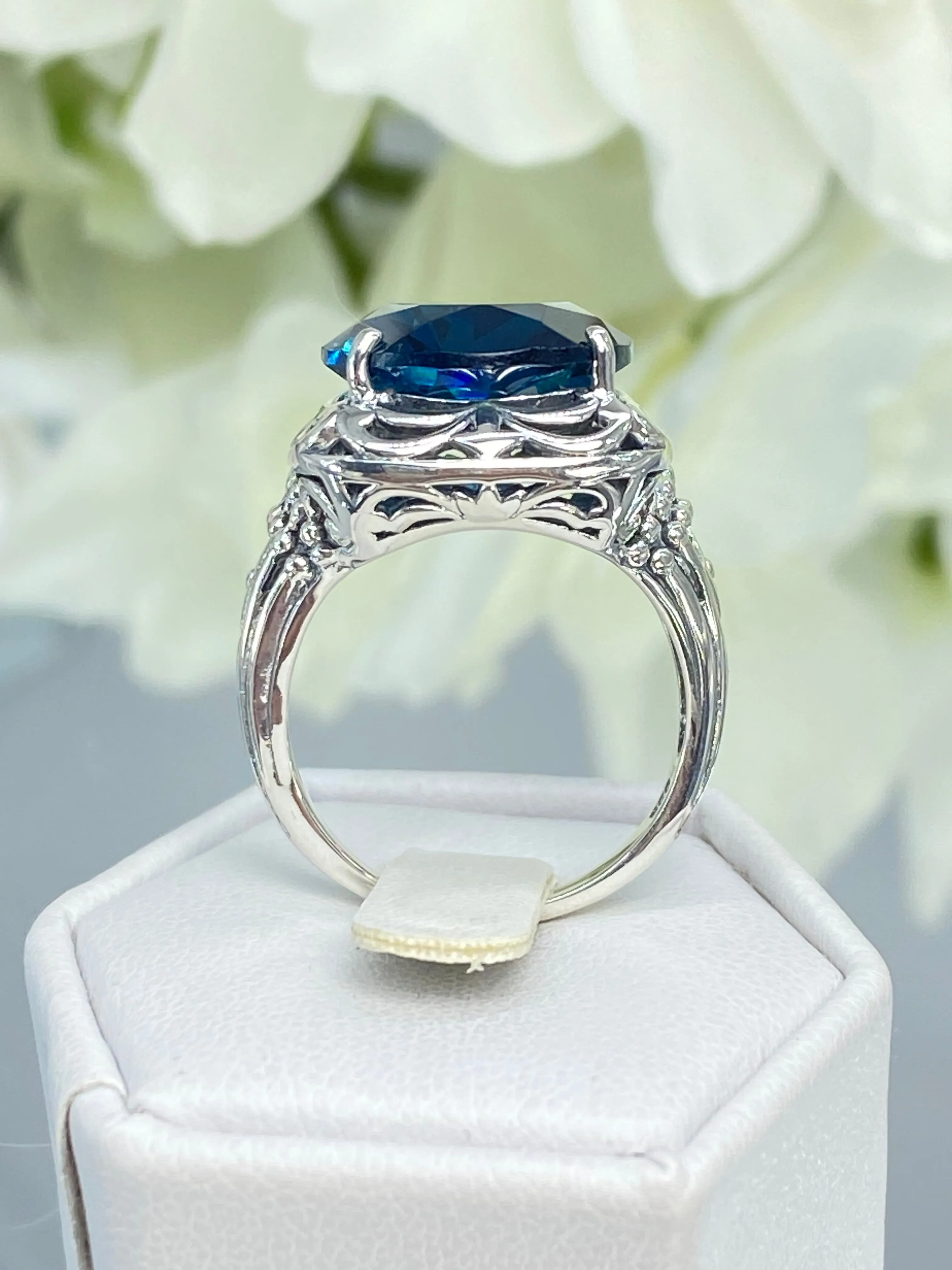 London Blue Topaz Ring, Oval Gemstone, Retro Swirl Filigree, Art Deco Vintage Jewelry, D119