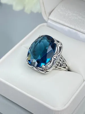 London Blue Topaz Ring, Oval Gemstone, Retro Swirl Filigree, Art Deco Vintage Jewelry, D119