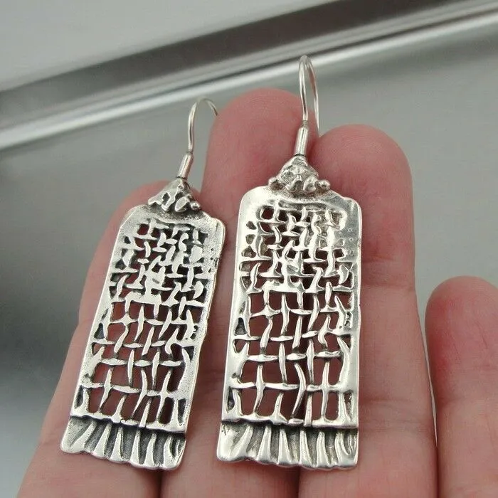 Long Net Earrings 925 Sterling Silver Handmade Unique Hadar Designers  (H  214) y