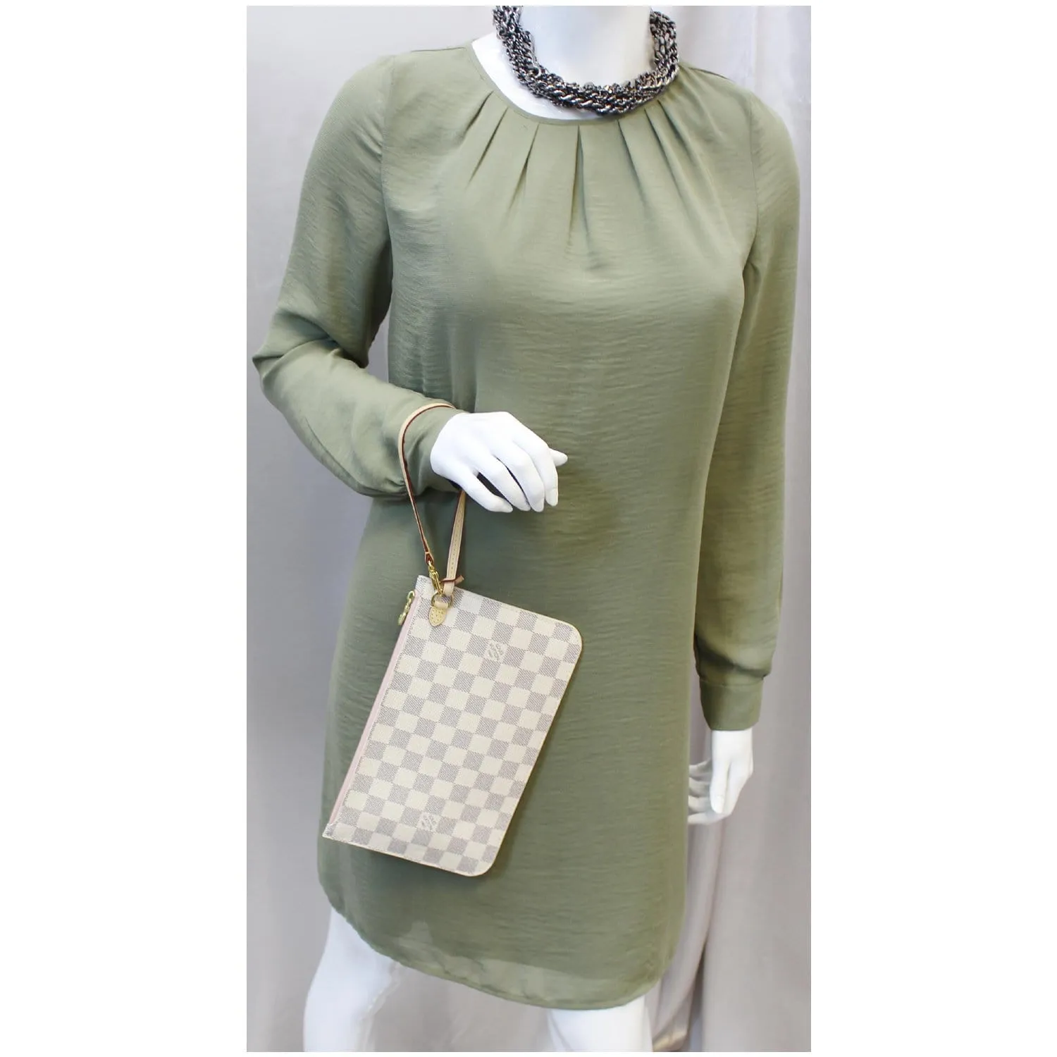LOUIS VUITTON Pochette Wristlet Pouch Damier Azur Neverfull Rose Ballerine