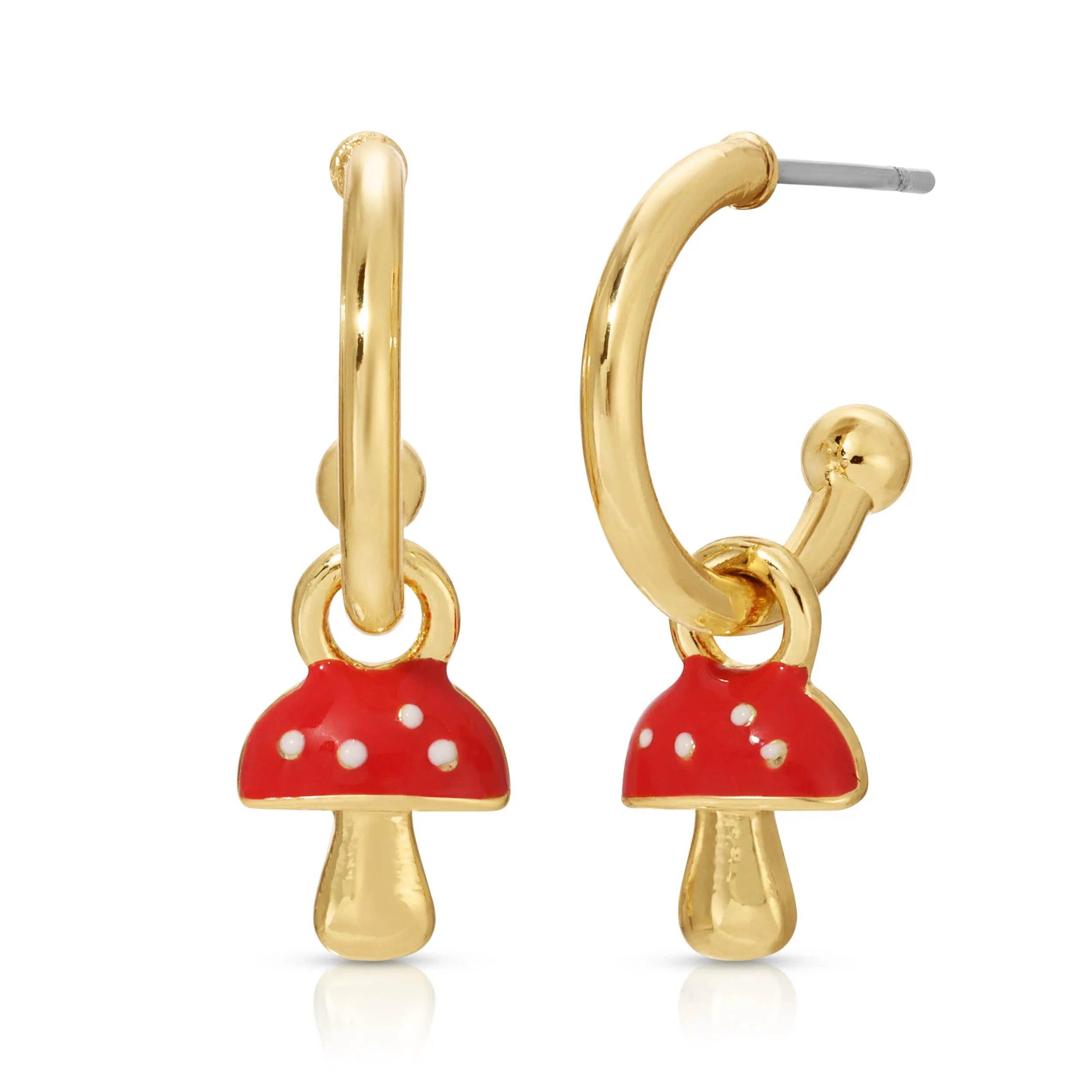 Lucky Feather Hoop Earrings - Mushroom Charm