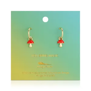 Lucky Feather Hoop Earrings - Mushroom Charm