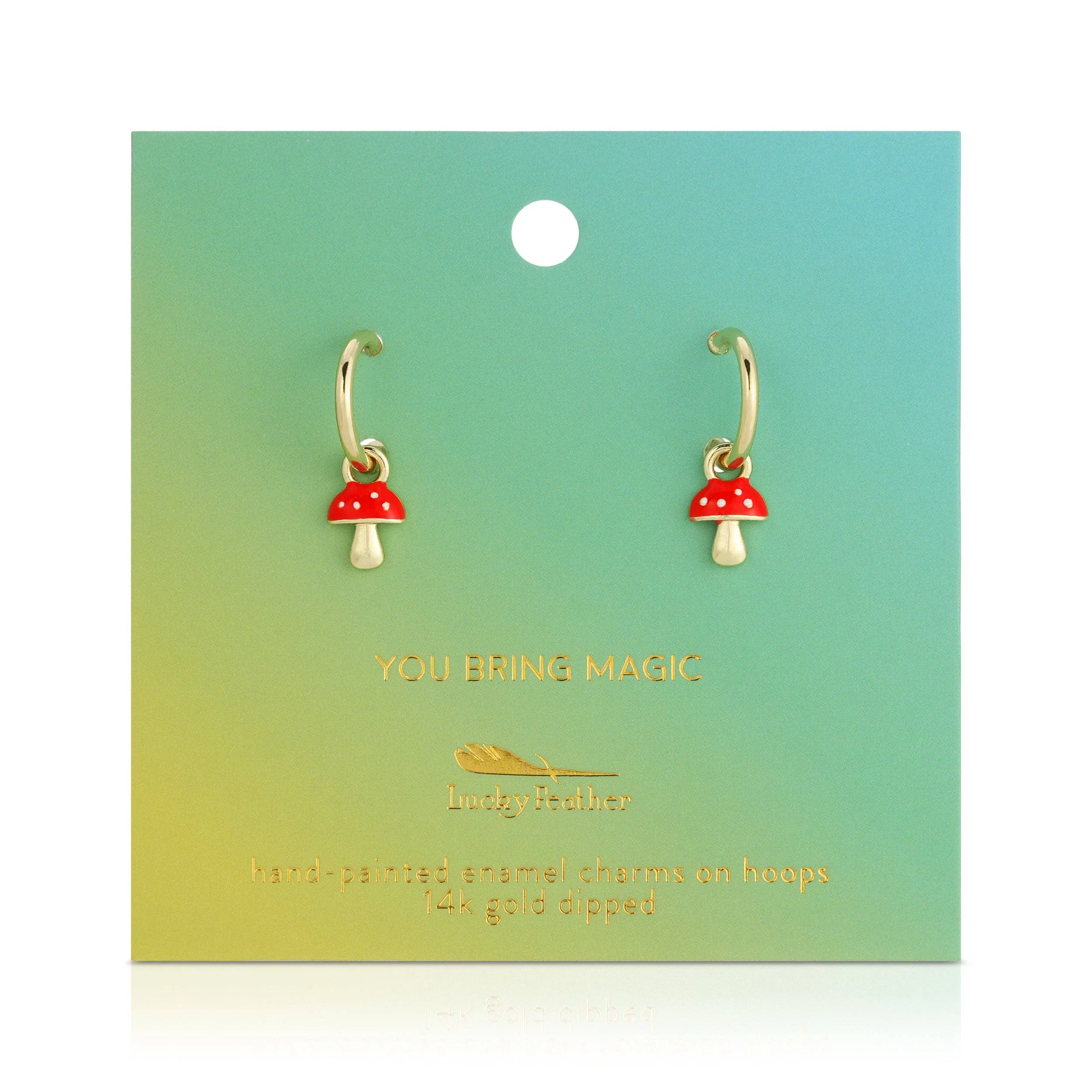 Lucky Feather Hoop Earrings - Mushroom Charm