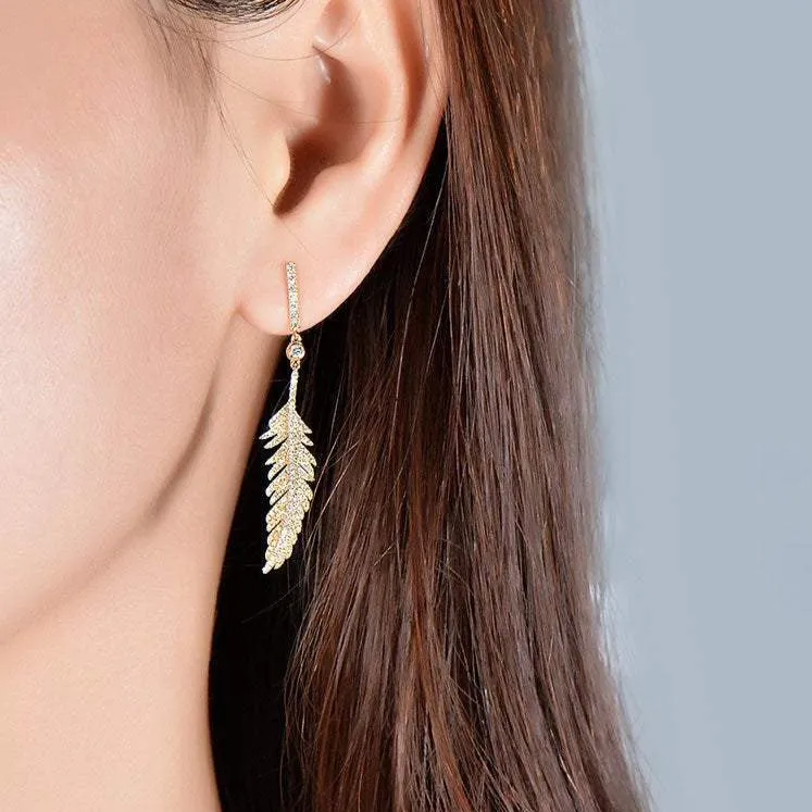 Luxury Diamond Feather Dangle Stud Earrings