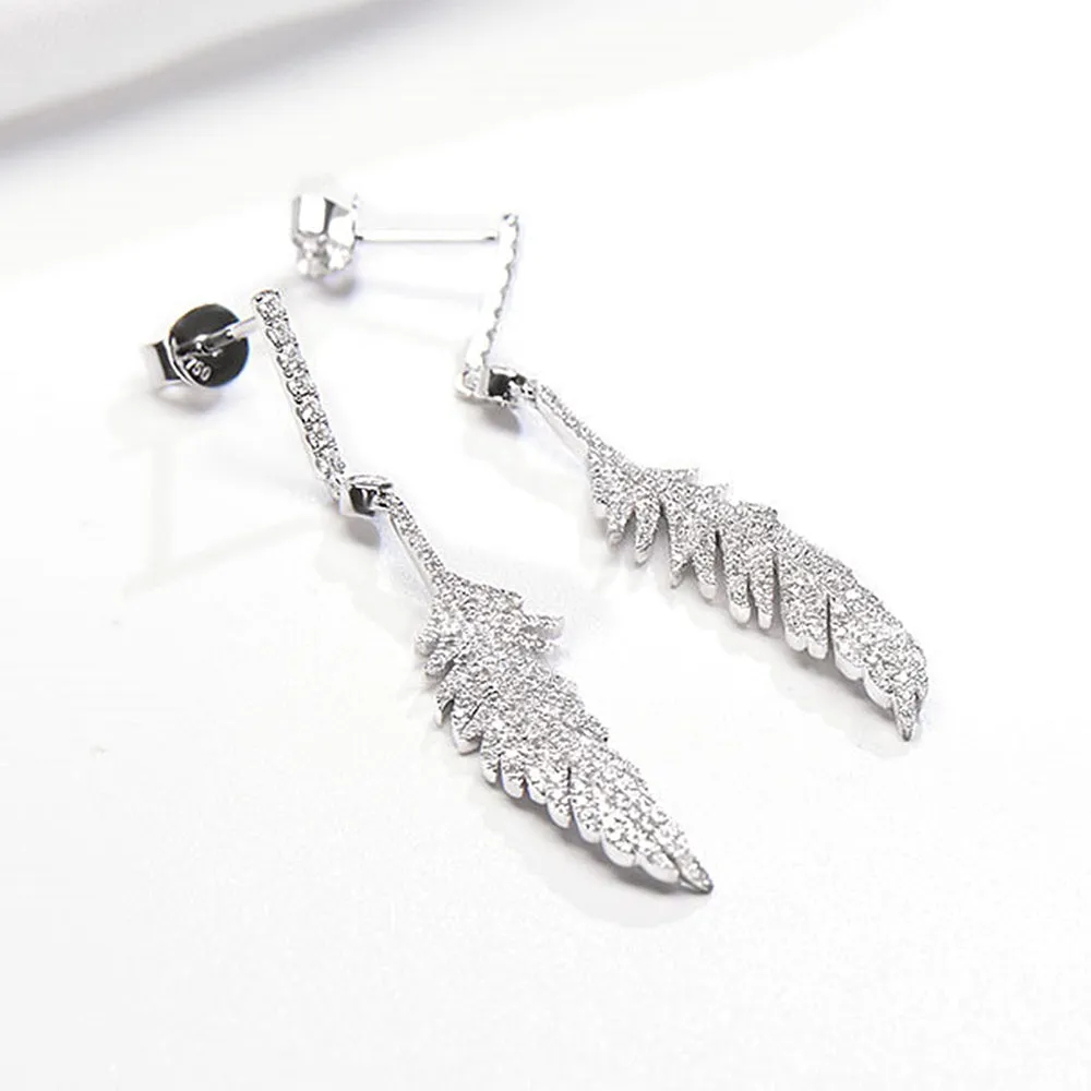Luxury Diamond Feather Dangle Stud Earrings