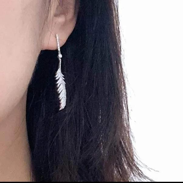 Luxury Diamond Feather Dangle Stud Earrings