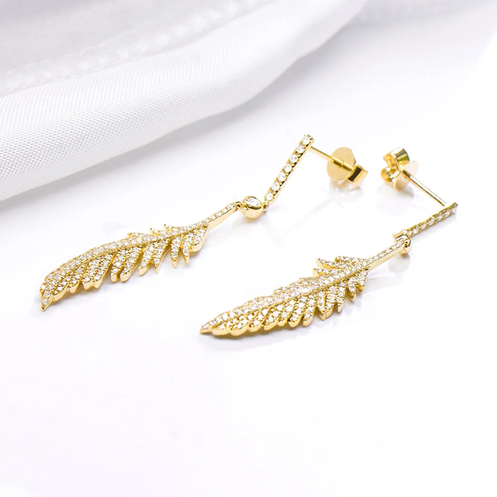 Luxury Diamond Feather Dangle Stud Earrings