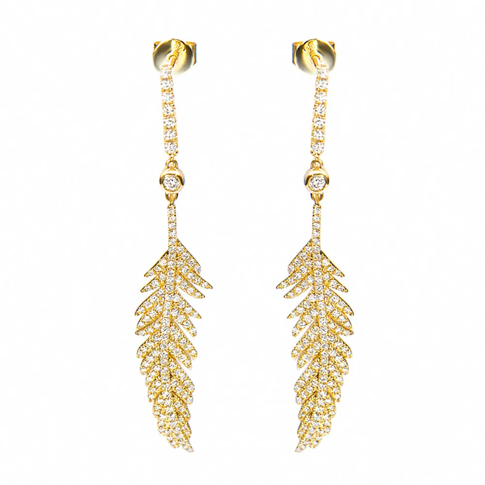 Luxury Diamond Feather Dangle Stud Earrings