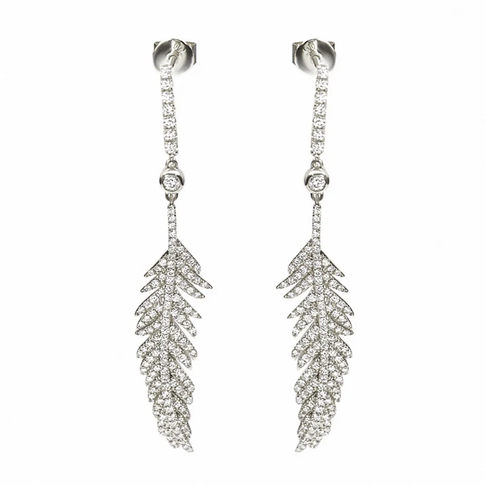 Luxury Diamond Feather Dangle Stud Earrings