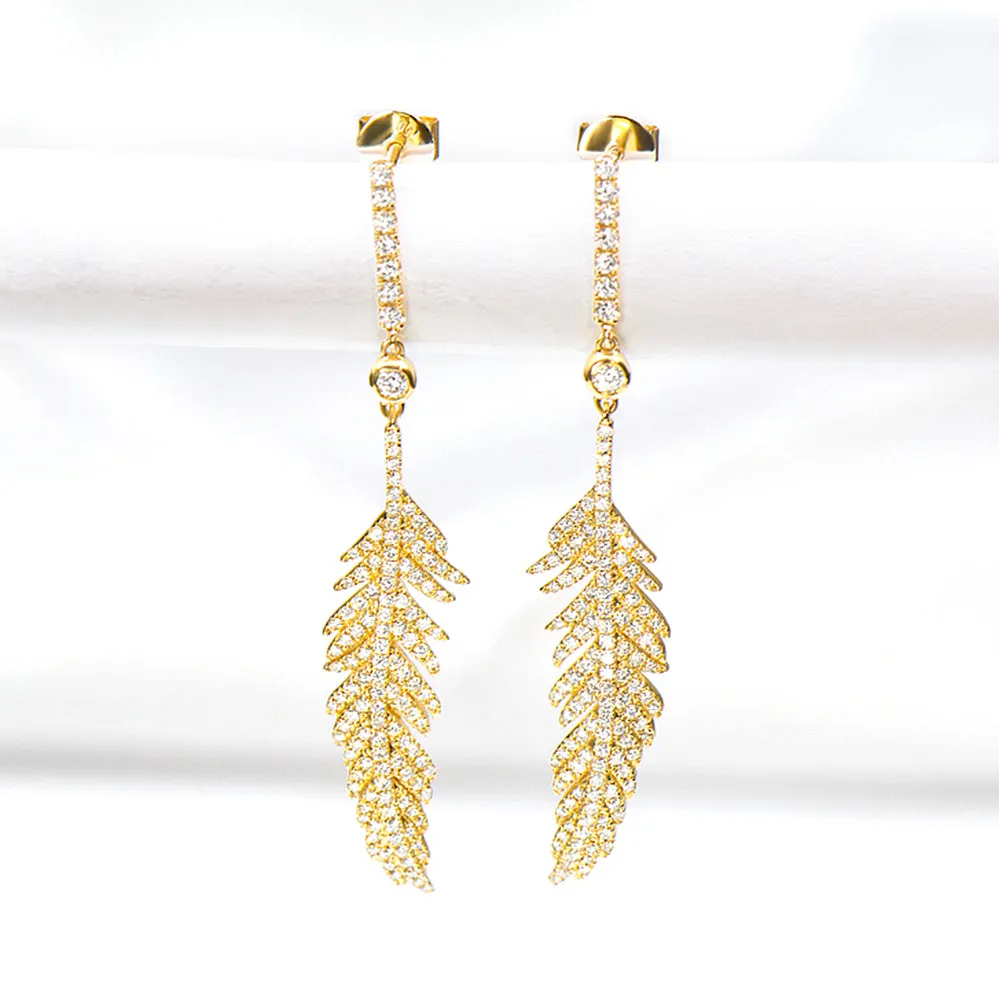 Luxury Diamond Feather Dangle Stud Earrings