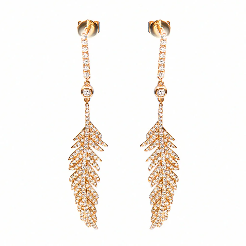 Luxury Diamond Feather Dangle Stud Earrings