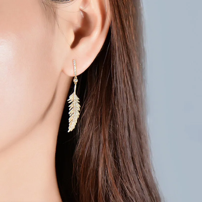 Luxury Diamond Feather Dangle Stud Earrings