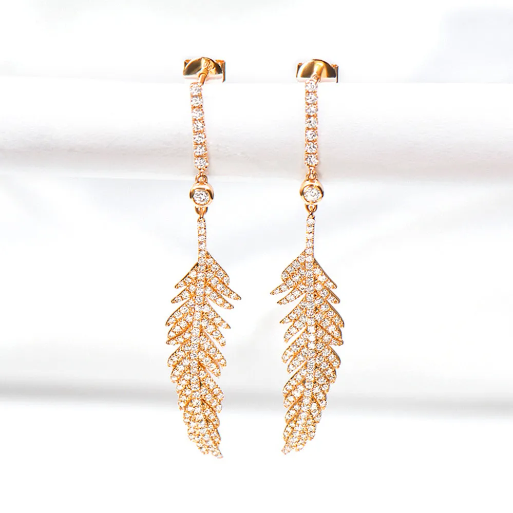 Luxury Diamond Feather Dangle Stud Earrings