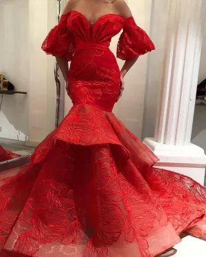 luxury red evening dresses long off the shoulder lace appliqué elegant evening gown robe de soiree