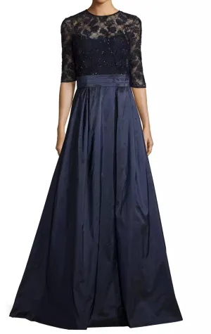 MACloth Women Half Sleeves Lace Taffeta Long Evening Gown Dark Navy Mother of the Brides Dress Evening Gown