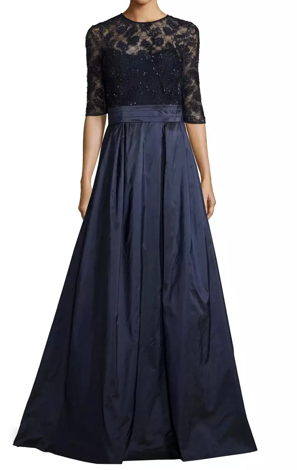 MACloth Women Half Sleeves Lace Taffeta Long Evening Gown Dark Navy Mother of the Brides Dress Evening Gown