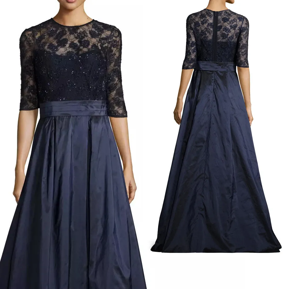 MACloth Women Half Sleeves Lace Taffeta Long Evening Gown Dark Navy Mother of the Brides Dress Evening Gown
