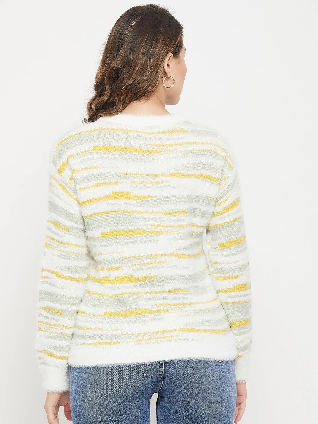 Madame Abstract Print Off White Feather Knit Sweater