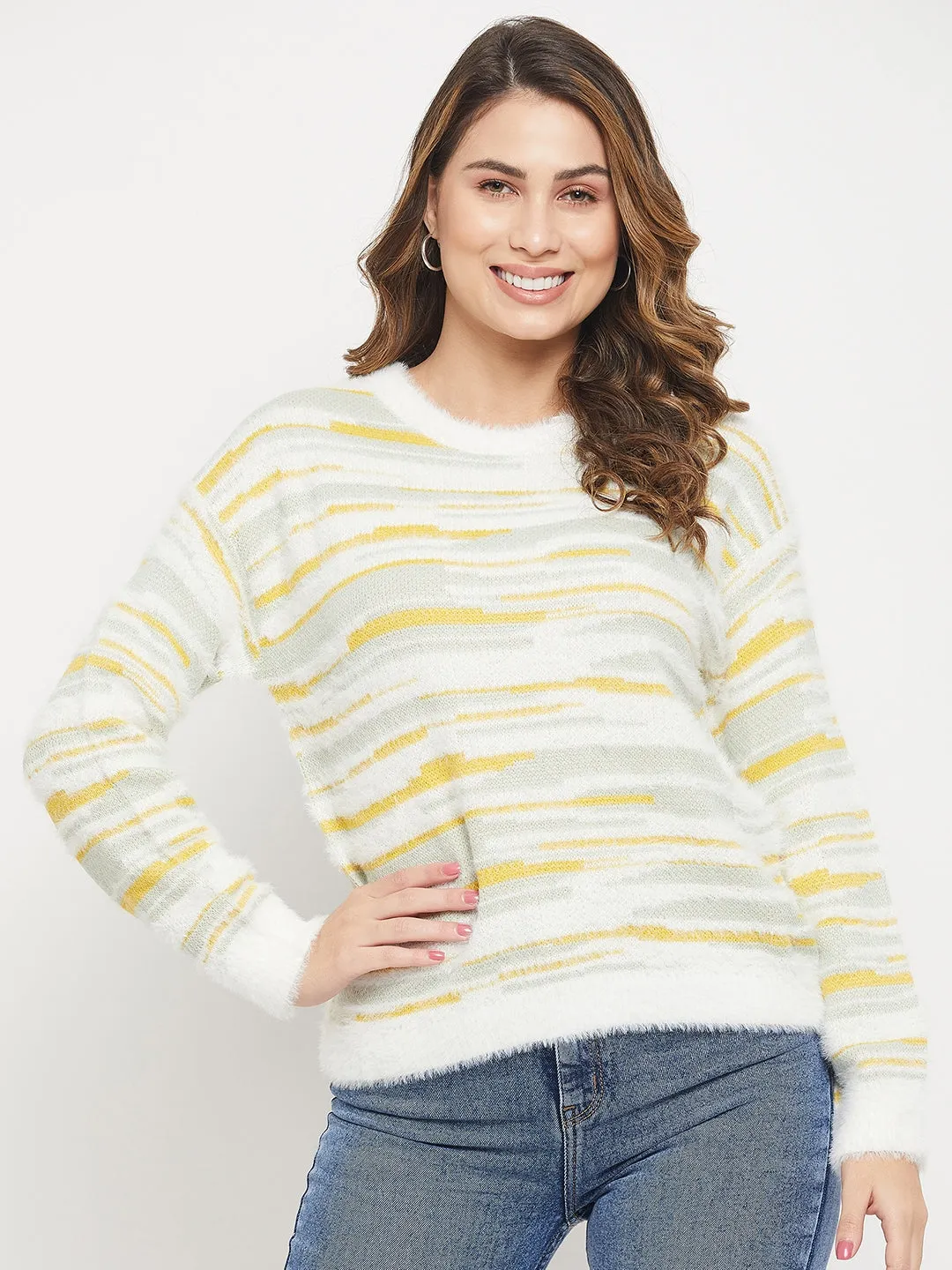 Madame Abstract Print Off White Feather Knit Sweater