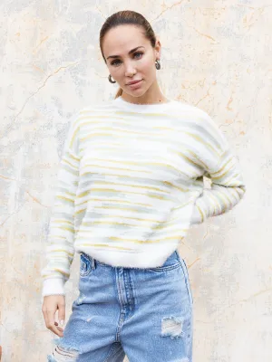 Madame Abstract Print Off White Feather Knit Sweater