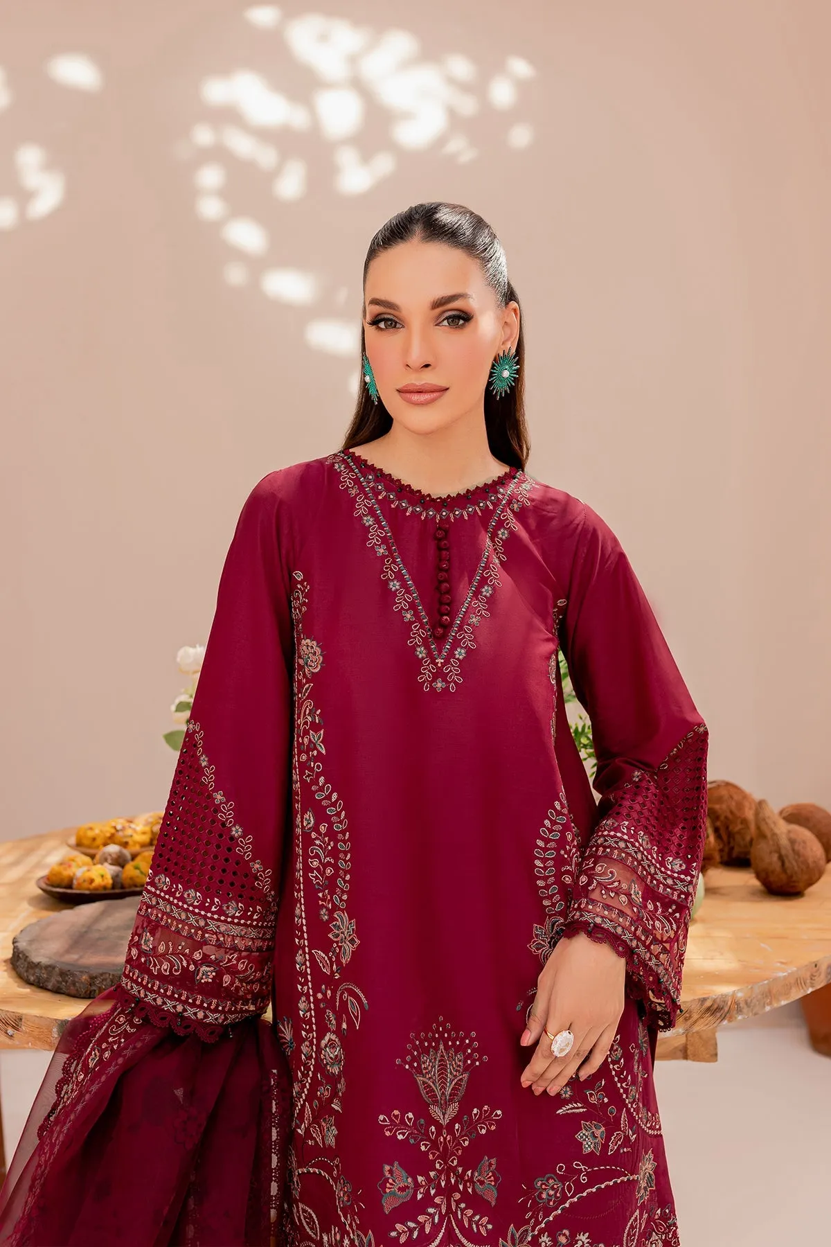 Maroon Glare| Farasha Mehak Festive Lawn SS 23 | Unstitched Embroidered Collection