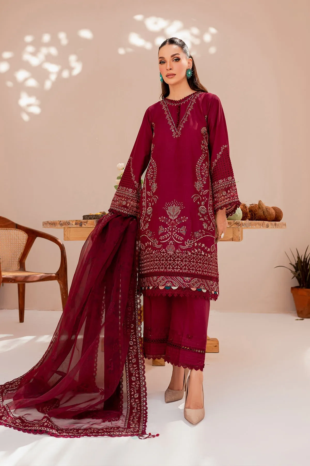 Maroon Glare| Farasha Mehak Festive Lawn SS 23 | Unstitched Embroidered Collection